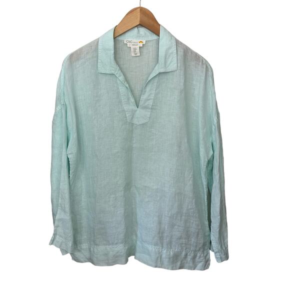 C & C California 100% Linen Tunic Top Light Green V Neck Pullover Women’s Size M - Picture 1 of 7